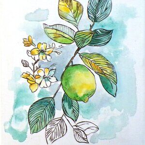 Original Lime Still Life Painting Green Blue Kitchen Wall Art